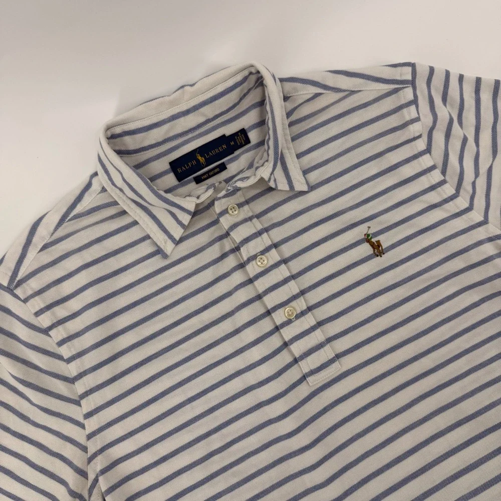 Ralph Lauren Knit Oxford Polo Shirt Mens Medium Blue White Striped Short Sleeve